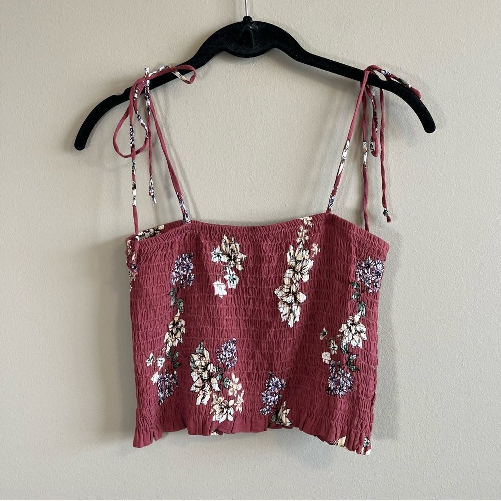 ✨ Lottie Moss Tie‎ Strap Smocked Crop Tank Pink Floral Small